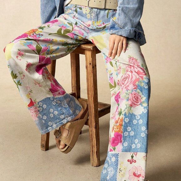 Pants - Multicolor Casual Women's Woven Printed Loose Wide-Leg Pants